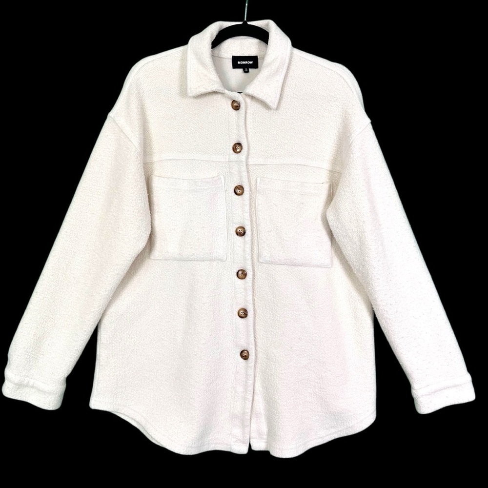 Monrow Revolve Cream Teddy‎ Fleece Boucle Cotton Shacket Jacket Womens Size M - Picture 3 of 15
